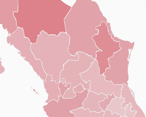 Mapa de tase d deefunciones de mujeres por tumor maligno de mama en México, 2010 a 2015