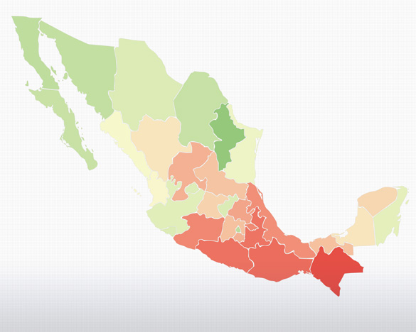 Mapa del porcentaje de la población en Pobreza en México